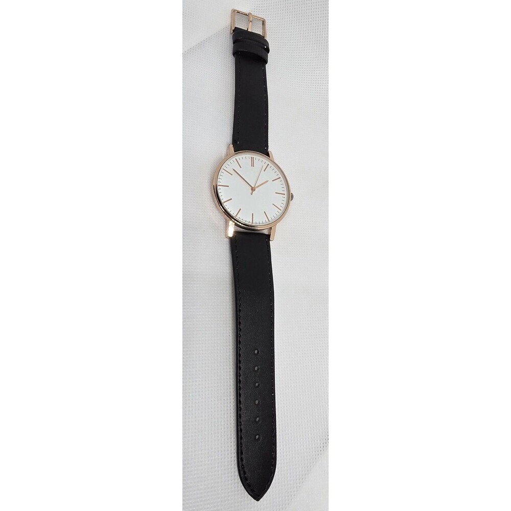 Men's Minimalistic Round White Dial Rose Gold Tone Black Leather Strap Watch 08 - Picture 5 of 8